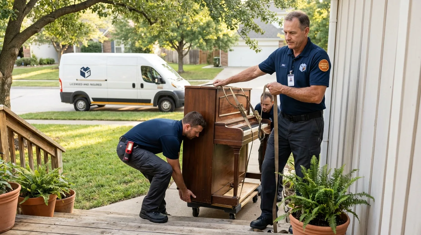 Licensed piano movers securing grand piano in Ramsey, IL