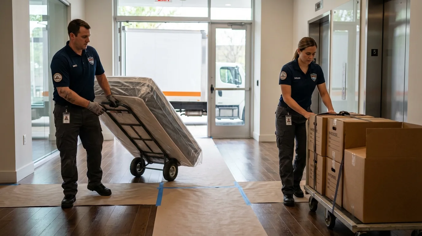 Professional apartment movers loading elevator in Ramsey, IL